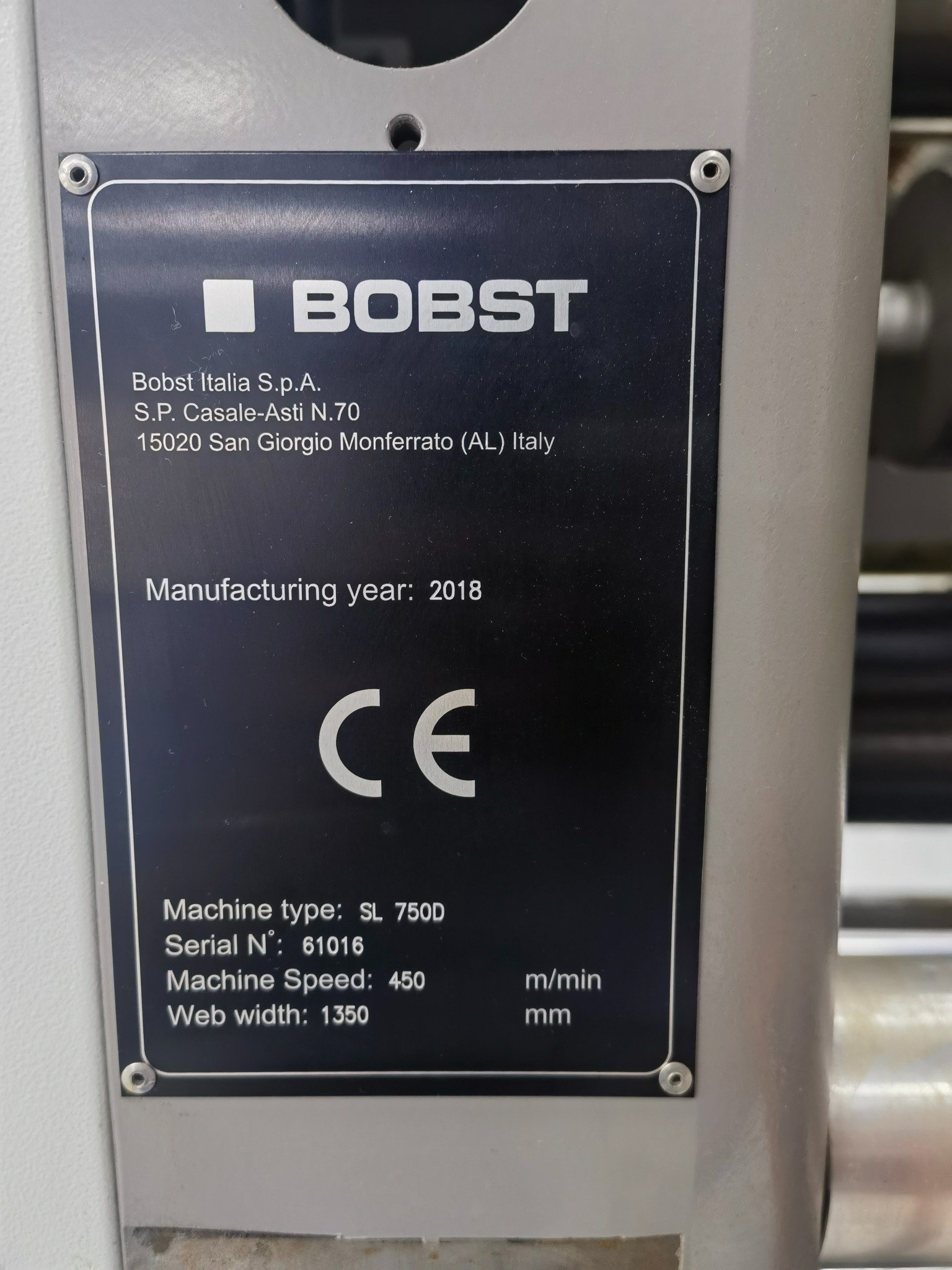 BOBST SL 750D machine nameplate 2018 450 m/min 1350mm