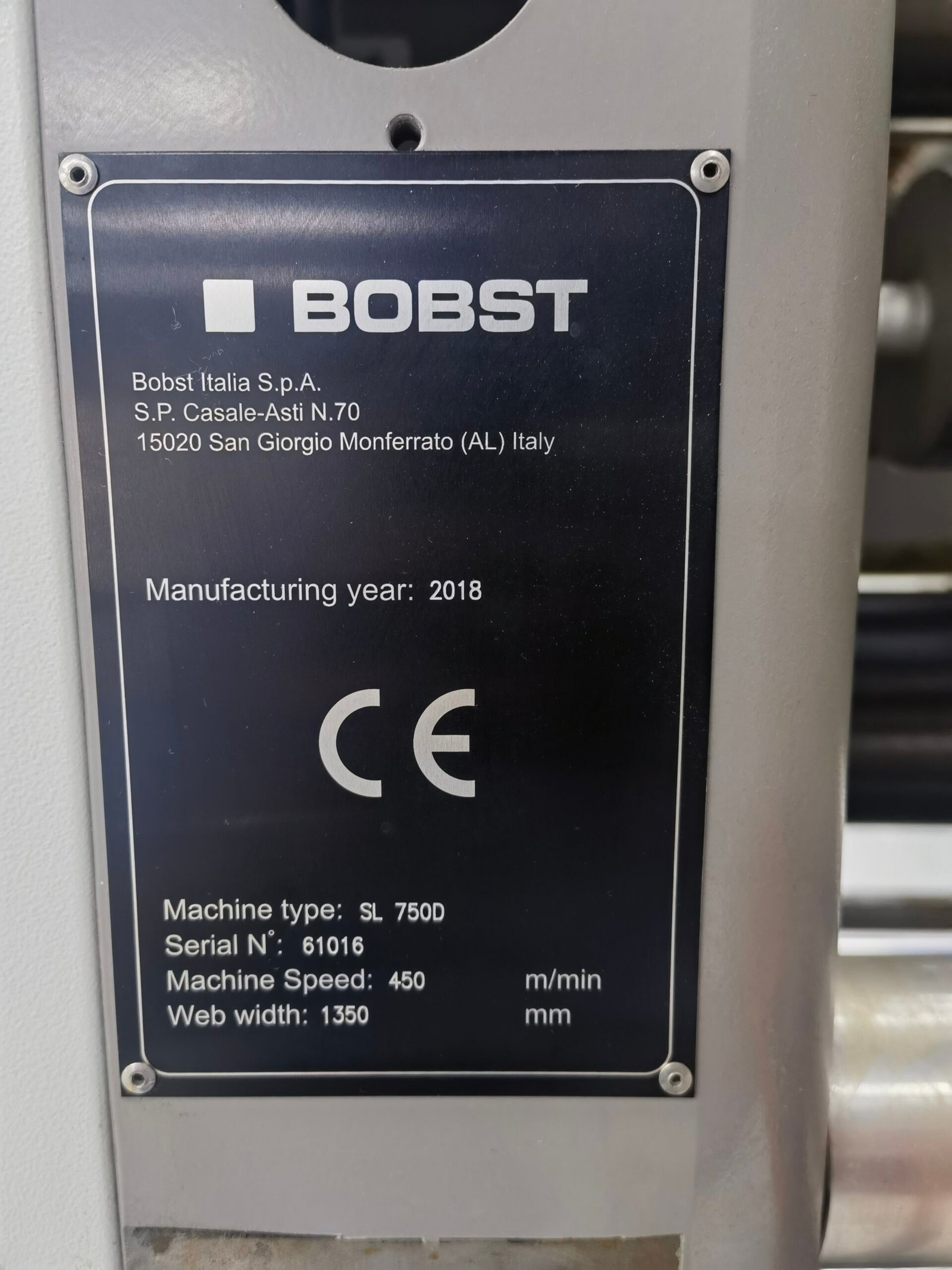 BOBST SL 750D nameplate showing 2018, 1350 mm and 450 m/min